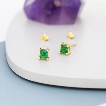 Sterling Silver Princess Cut Emerald Green Cz Stud Earrings, 6 of 12