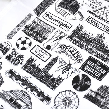 Manchester Illustrated Black And White Tea Towel, 2 of 7