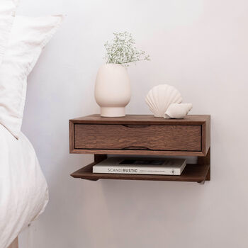 Oak Floating Bedside Table With Drawer And Shelf, 10 of 10