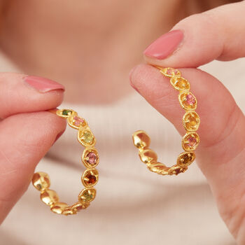 Watermelon Tourmaline Textured Gold Vermeil Hoops, 7 of 10