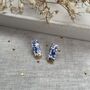 Blue And Gold Floral Ceramic Bar Stud Earrings, Minimalist Rectangular Studs, thumbnail 4 of 10