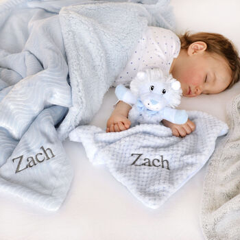 Personalised Blue Sherpa Blanket And Lion Comforter Set, 3 of 8