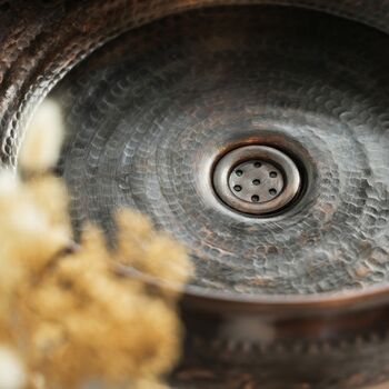 Hand Engraved Dark Copper Vessel Sink For Kitchen And Bathroom, 400 Mm Diameter, 3 of 6