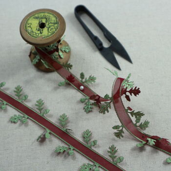 Red Acorn Ribbon With Green Leaves. Five Or 10 Meters, 5 of 6