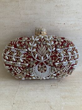 Maroon Handcrafted Embroidered Oval Clutch Bag, 5 of 10