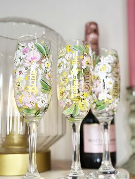 Personalised Hand Painted Champagne Flute – Bridesmaid Gift With Wedding Bouquet And Name, 6 of 9