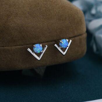 Sterling Silver Blue Opal Chevron Stud Earrings, 2 of 12