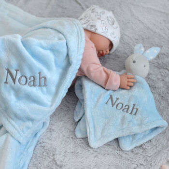 Personalised Blue Bunny Comforter And Blue Blanket Set, 5 of 9