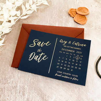 Navy Save The Date Calendar Wedding Invites, 5 of 6