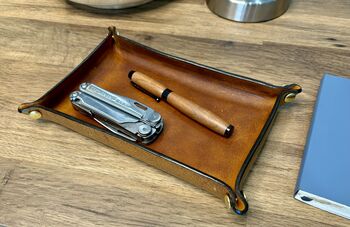 Personalised Rectangle Burnt Tan Leather Desk Tray, 6 of 12