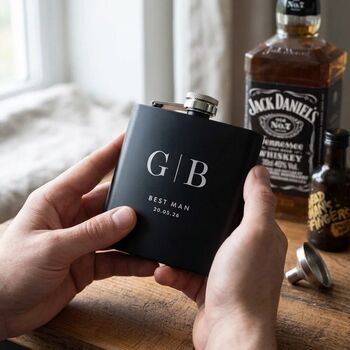 Personalised Matte Black 6oz Initials Hip Flask Wedding, Groomsmen And Birthday Gift, 6 of 12