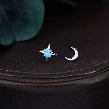 Mismatched Starburst And Moon Stud Earrings In Sterling Silver With Lab Opal, 4 of 12