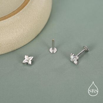 Sterling Silver Opal Clover Cluster 16 G Internally Threaded Flat Back Earrings, 5 of 11