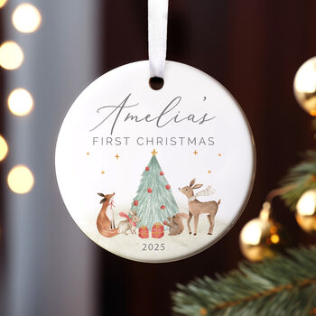 Personalised Baby’s First Christmas Ornament – Woodland Animals Ceramic Keepsake Bauble, 2 of 8