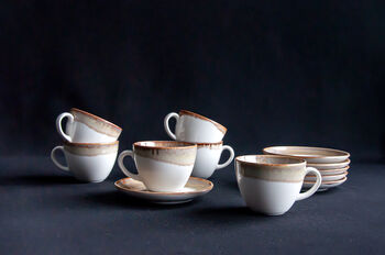Beige Set Of Six Handmade Porcelain Tea Cup With Saucer, 5 of 11