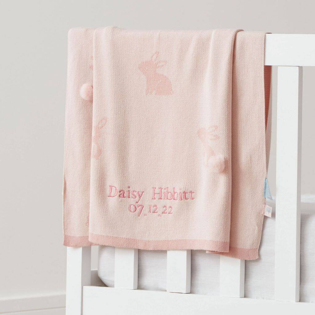 Personalised Pink Bunny Knitted Intarsia Blanket, 1 of 6