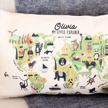 Personalised Little Explorer Kids Room Map Cushion, 2 of 5