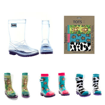 Squelch Transparent Wellies And Three Sock Set Monkeys, 2 of 7