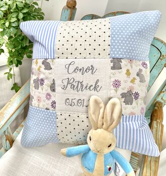 Personalised Blue And Grey Bunny Name Cushion, 2 of 8