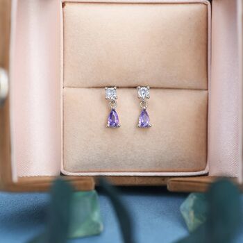 Purple Amethyst Cz Dangle Round Droplet Stud Earrings, 3 of 11