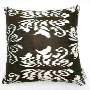 Square Ikat Silk Cushion Olive Green Abstract, 2 of 8