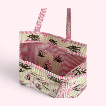 Pink And Green Stripe And Floral Cotton Quilted Tote Bag, 4 of 5