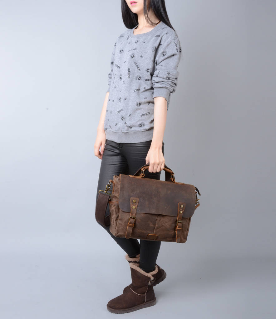 waxed canvas messenger bag with dslr camera sleeve by eazo