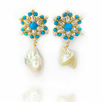Blue Turquoise And Baroque Pearl Drop Earrings, 6 of 7