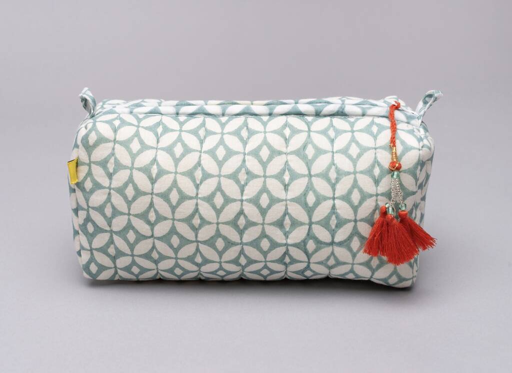 Circle Pattern Quilt Cotton Makeup Bag In Soft Teal, 1 of 4