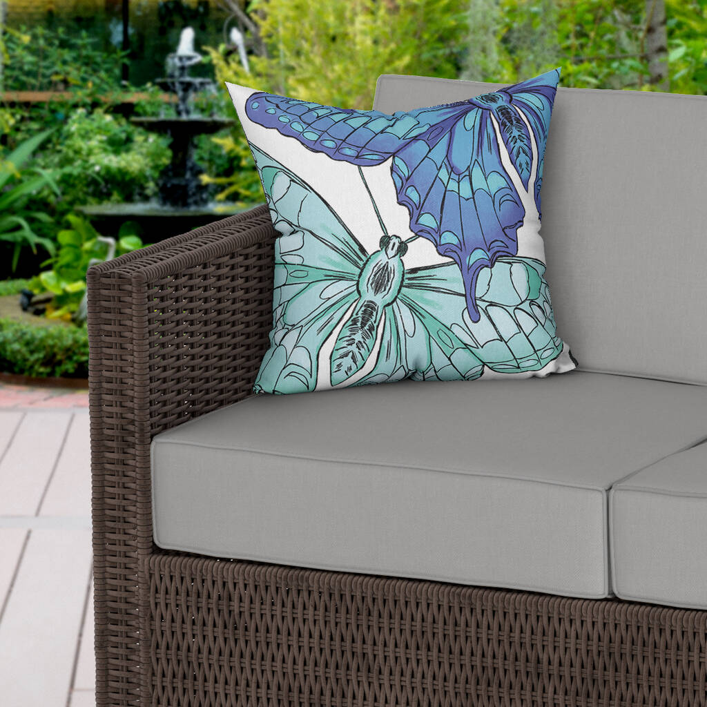 Blue Butterflies Water Resistant Outdoor Cushion By MBT Studio