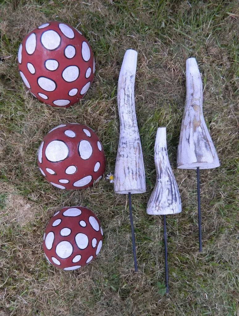 Set Of Three Wooden Red Toadstools For Garden By RugsSkyStore