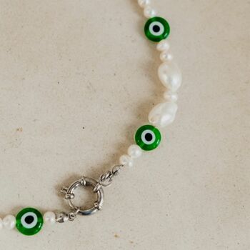 Annie 90s Style Green Evil Eye Pearl Beaded Necklace, 3 of 3
