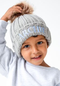 Child's Personalised Name Embroidered Faux Fur Pompom Bobble Hat, 4 of 7