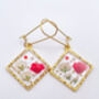 Real Flowers Diamond Square Drop Earrings Real Gold Plated Hypoallergenic, thumbnail 4 of 9