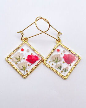 Real Flowers Diamond Square Drop Earrings Real Gold Plated Hypoallergenic, 4 of 9