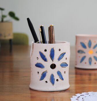 Pencil And Tealight Holder Blue Flower Design, 3 of 8