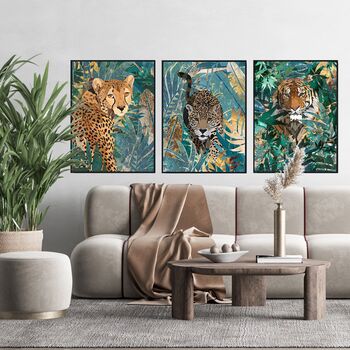 Jaguar Leopard Gold Green Jungle Leaves Wall Art Print, 3 of 5