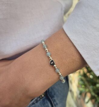 Sterling Silver March Aquamarine Beaded Bracelet: March Birthstone Personalised Initial Heart, 2 of 5