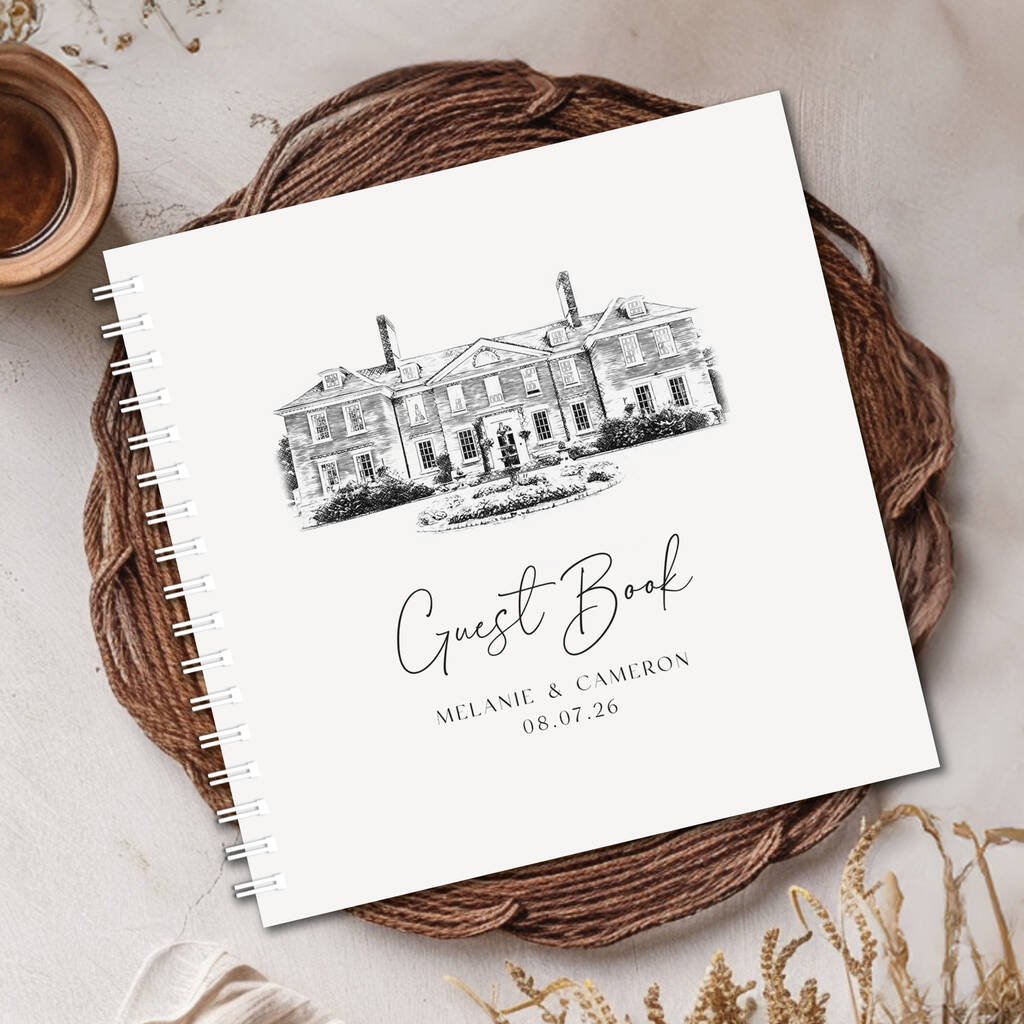 Black And White Venue Drawing Wedding Guestbook