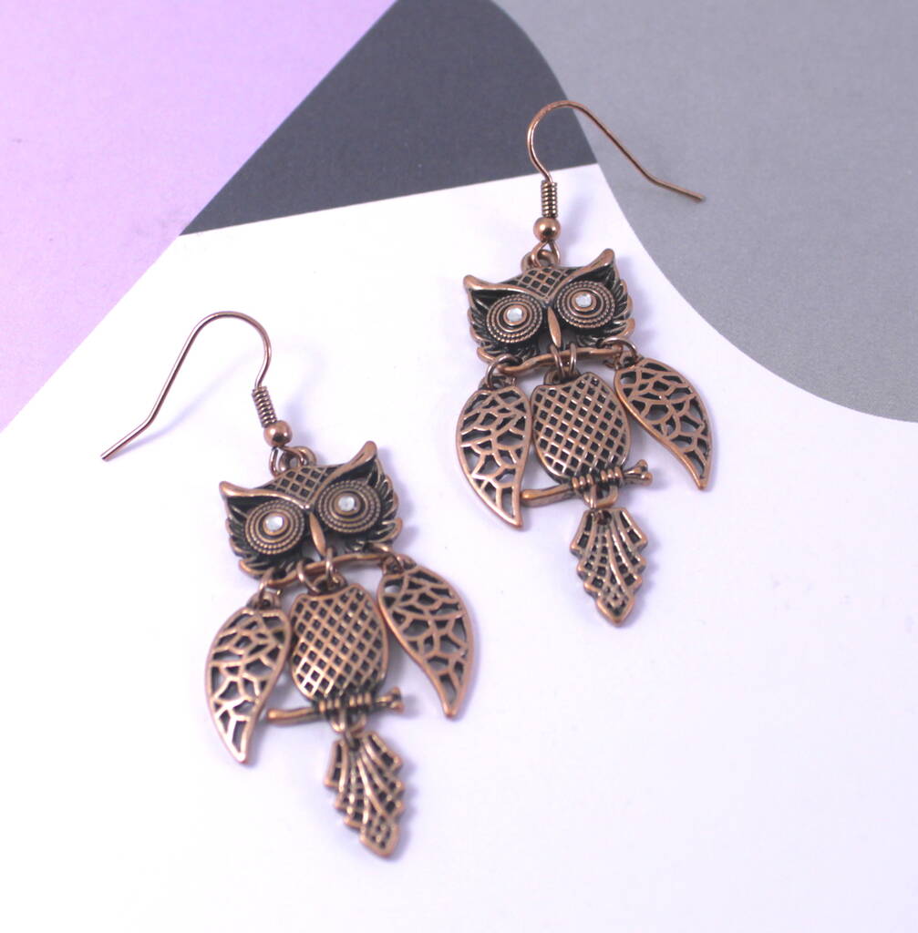 Rose Gold Plated Owl Earrings By Lucy Loves Neko