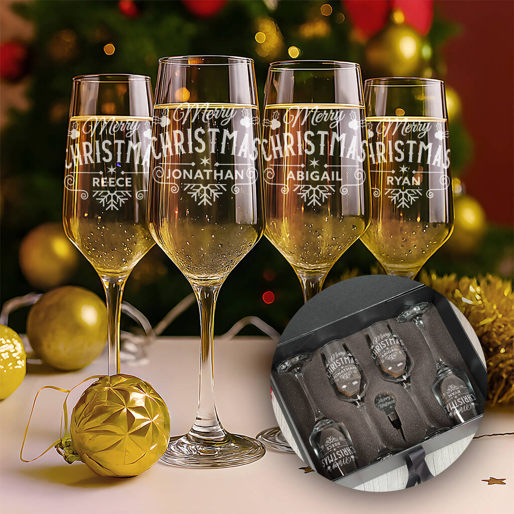 Personalised Christmas Holly And Snowflake Champagne Flutes And Gift Boxed Sets, 1 of 9