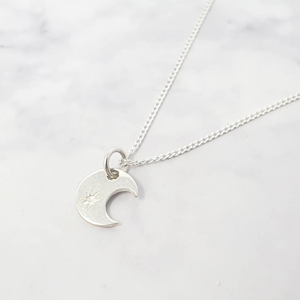 Crescent Moon Charm Wtih Star Sterling Silver Necklace By Harfi