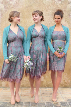 Bespoke Lace Bridesmaids Dresses In Pink And Aqua, 6 of 9