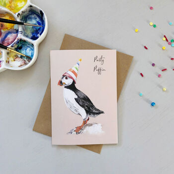 Party Puffin Hand Painted Birthday Card, 3 of 4