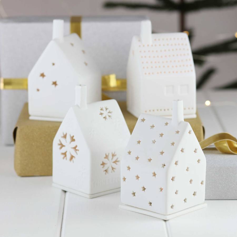 Christmas Porcelain Tea Light House With Snowflake By Nest