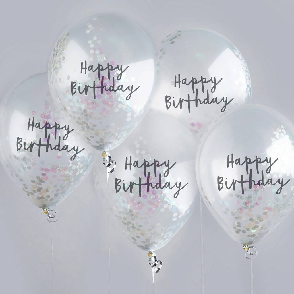 Five Iridescent Silver Happy Birthday Confetti Balloons, 1 of 2