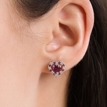 Red Heart Rhodolite Garnet Stud Earrings In Silver And Gold, 9 of 10