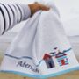 Personalised Seaside Beach Hut Hand Towel Bath Sheet, thumbnail 1 of 3