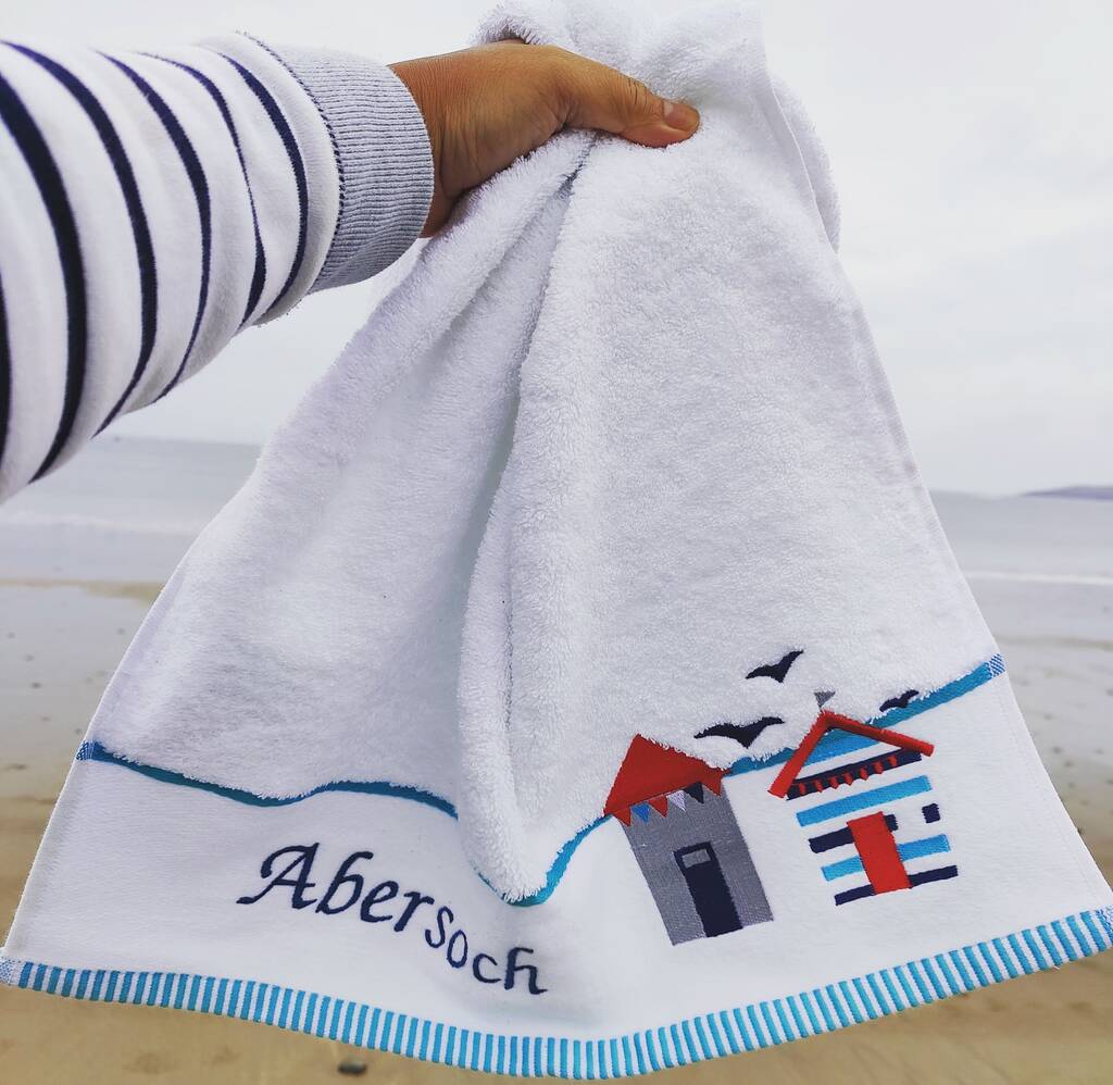 Personalised Seaside Beach Hut Hand Towel Bath Sheet, 1 of 3