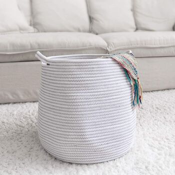 Large Laundry Cotton Rope Belly Basket White Grey, 4 of 4